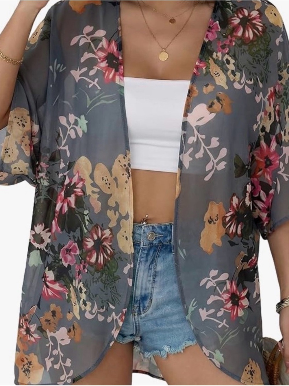 Floral Sheer Open-Front Tunic - Grey Floral. Size L. NWT.